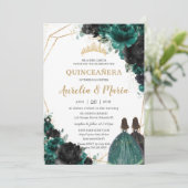 Invitation Quinceañera Émeraude Noir Fleurs Roses Jumelles (Debout devant)