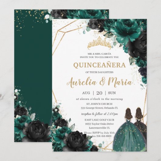 Invitation Quinceañera Émeraude Noir Fleurs Roses Jumelles (Devant / Derrière)