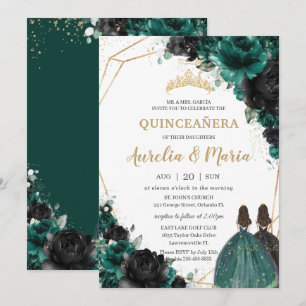 Invitation Quinceañera Émeraude Noir Fleurs Roses Jumelles