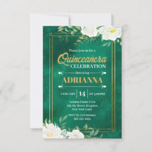 Invitation Quinceanera Émeraude Vert Aquarelle Fleurs Blanche
