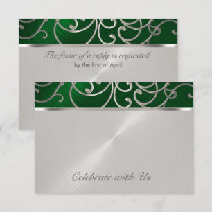 Invitation Quinceanera Émeraude Vert Argent Filigrane Spirale