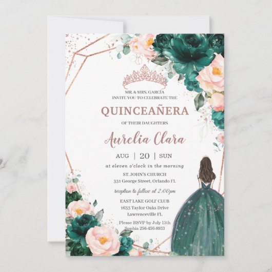 Invitation Quinceañera Émeraude Vert Clair Floral Rose Gold (Devant)