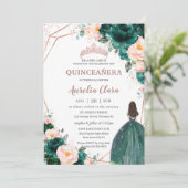 Invitation Quinceañera Émeraude Vert Clair Floral Rose Gold (Debout devant)