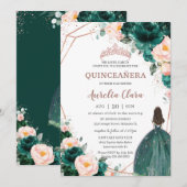 Invitation Quinceañera Émeraude Vert Clair Floral Rose Gold (Devant / Derrière)