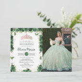 Invitation Quinceañera Émeraude Verte Fleurs Papillons Photo (Debout devant)