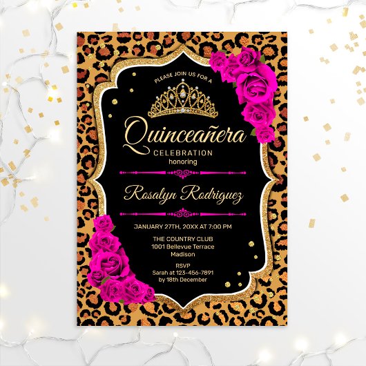 Invitation Quinceanera - Empreinte de léopard Gold Rouge rose