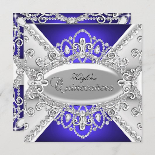 Invitation Quinceanera en argent et diamants bleus (Devant / Derrière)