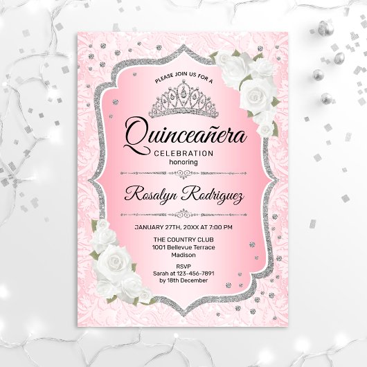 Invitation Quinceanera en argent rose
