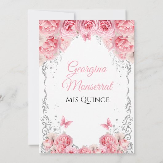 Invitation Quinceañera en argent rose Design flora (Dos)