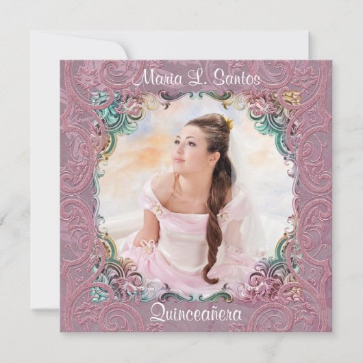 Invitation Quinceanera en bleu turquoise rose (Devant)