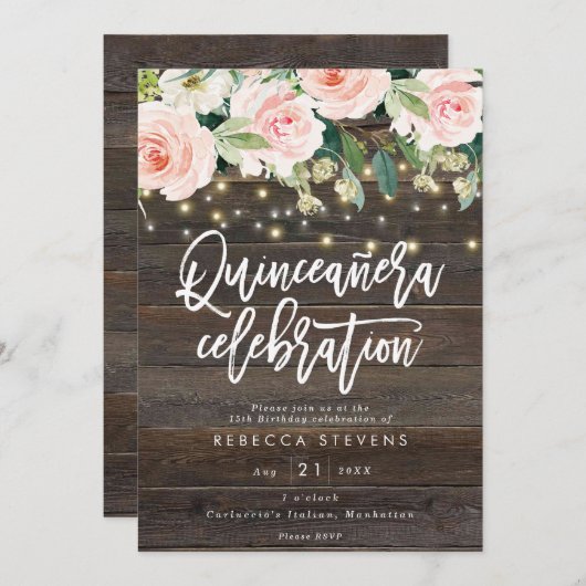 Invitation quinceanera en bois rustique fleuri 15e anniversai (Devant / Derrière)