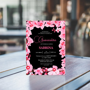 Invitation Quinceanera en fleurs de cerisier noir et rose