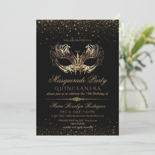 Invitation Quinceanera en or noir (Debout devant)