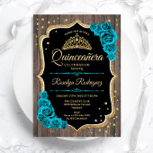 Invitation Quinceanera en or Turquoise en bois rustique