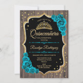Invitation Quinceanera en or Turquoise en bois rustique (Devant)
