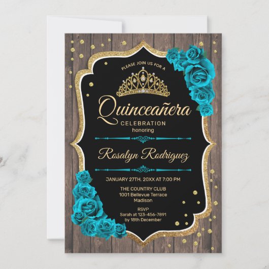 Invitation Quinceanera en or Turquoise en bois rustique (Devant)
