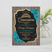 Invitation Quinceanera en or Turquoise en bois rustique (Debout devant)