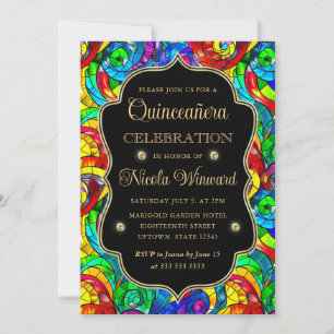 Invitation Quinceañera en verre multicolore et doré