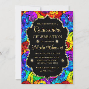 Invitation Quinceañera en verre multicolore et doré