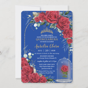 Invitation Quinceañera Enchanted Rose rouge Floral Royal Bleu
