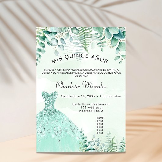 Invitation Quinceanera enchantée fougères de forêt robe de lu