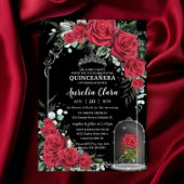 Invitation Quinceañera Enchantée Rose Rouge Floral Argent Noi