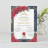 Invitation Quinceañera enchantée Rouge Rose Marine bleu or (Debout devant)