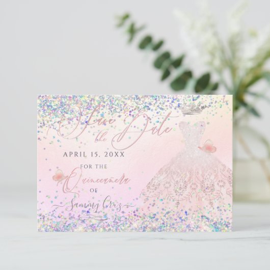 Invitation Quinceanera Enregistrer Date Holographique Confett (Debout devant)