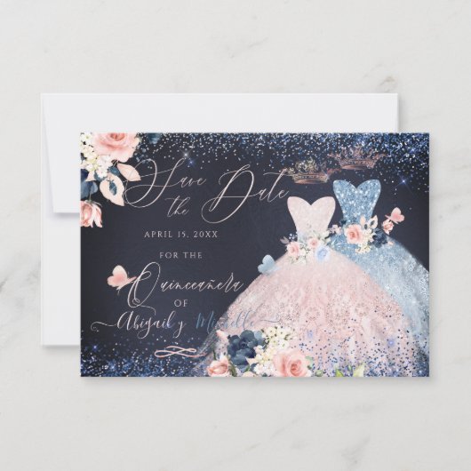 Invitation Quinceanera Enregistrer la date Blush Dusty Blue G (Devant)