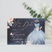 Invitation Quinceanera Enregistrer la date Dusty Blue Gown (Debout devant)
