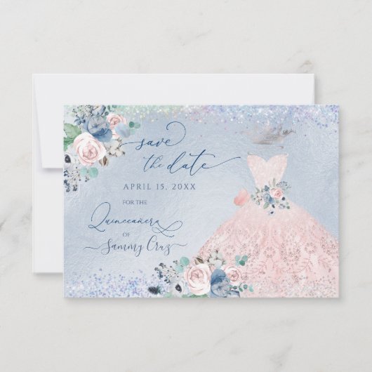 Invitation Quinceanera Enregistrer la date Dusty Pink Blue Pe (Devant)