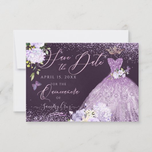 Invitation Quinceanera Enregistrer la date Dusty Purple Gown  (Devant)