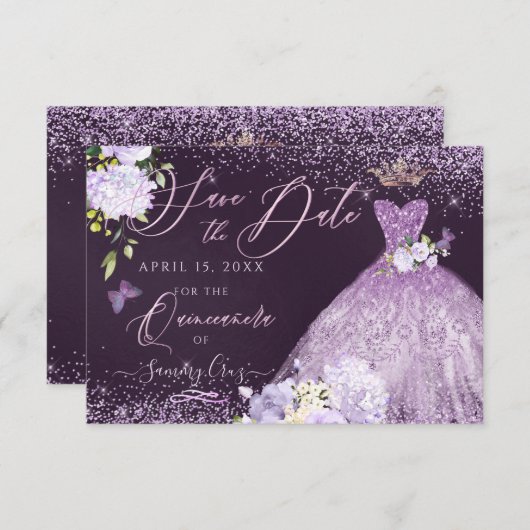 Invitation Quinceanera Enregistrer la date Dusty Purple Gown  (Devant / Derrière)