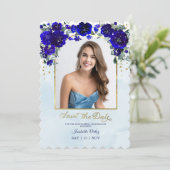 Invitation Quinceañera Enregistrer La Date Photo Royal Blue G (Debout devant)