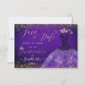 Invitation Quinceanera Enregistrer la date Purple Gliter Gown (Devant)