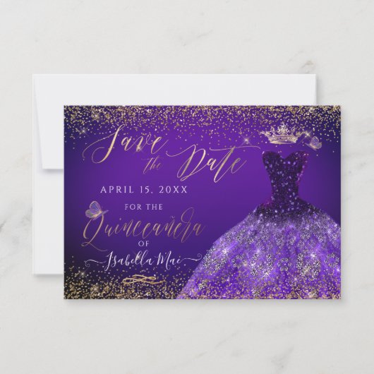 Invitation Quinceanera Enregistrer la date Purple Gliter Gown (Devant)