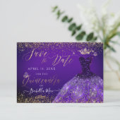 Invitation Quinceanera Enregistrer la date Purple Gliter Gown (Debout devant)