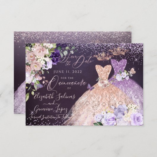 Invitation Quinceanera Enregistrer la date Rose or Dusty viol (Devant / Derrière)