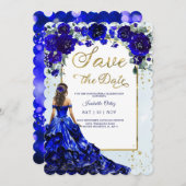 Invitation Quinceañera Enregistrer la date Royal Bleu et Or (Devant / Derrière)