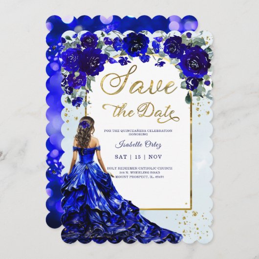 Invitation Quinceañera Enregistrer la date Royal Bleu et Or (Devant / Derrière)