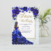 Invitation Quinceañera Enregistrer la date Royal Bleu et Or (Debout devant)