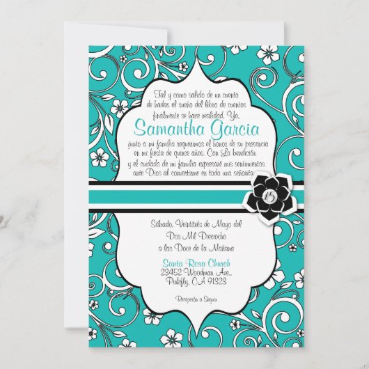 Invitation Quinceañera espagnole bleue et noire (Devant)