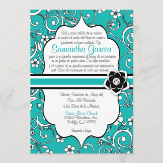 Invitation Quinceañera espagnole bleue et noire