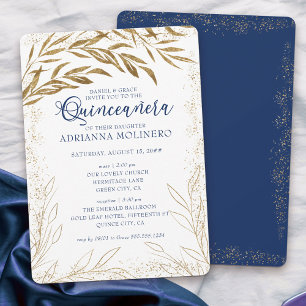 Invitation Quinceañera et Luxe de Masse Feuilles Dorées Bleu