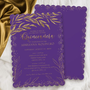 Invitation Quinceanera et luxe violet et feuilles d'or pour l