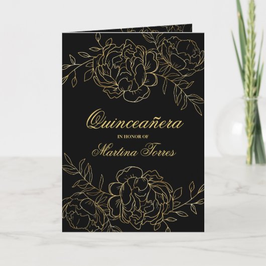 Invitation Quinceanera et Masse Noir et Or Floral (Devant)
