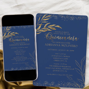 Invitation Quinceanera et Messe Bleu Royal et Feuille d'Or