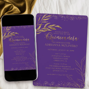 Invitation Quinceanera et Messe Élégant Feuille Violette et D