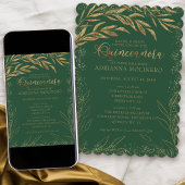 Invitation Quinceanera et messe Emerald Feuilles vert et or