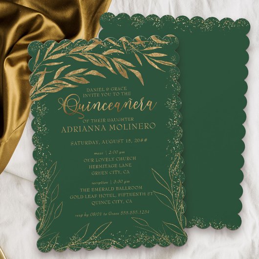 Invitation Quinceanera et messe Emerald Feuilles vert et or
